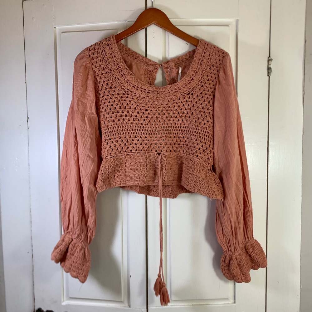 Free People Crochet Mixed Media Cropped Top Peasant Cottagecore Boho M Festival